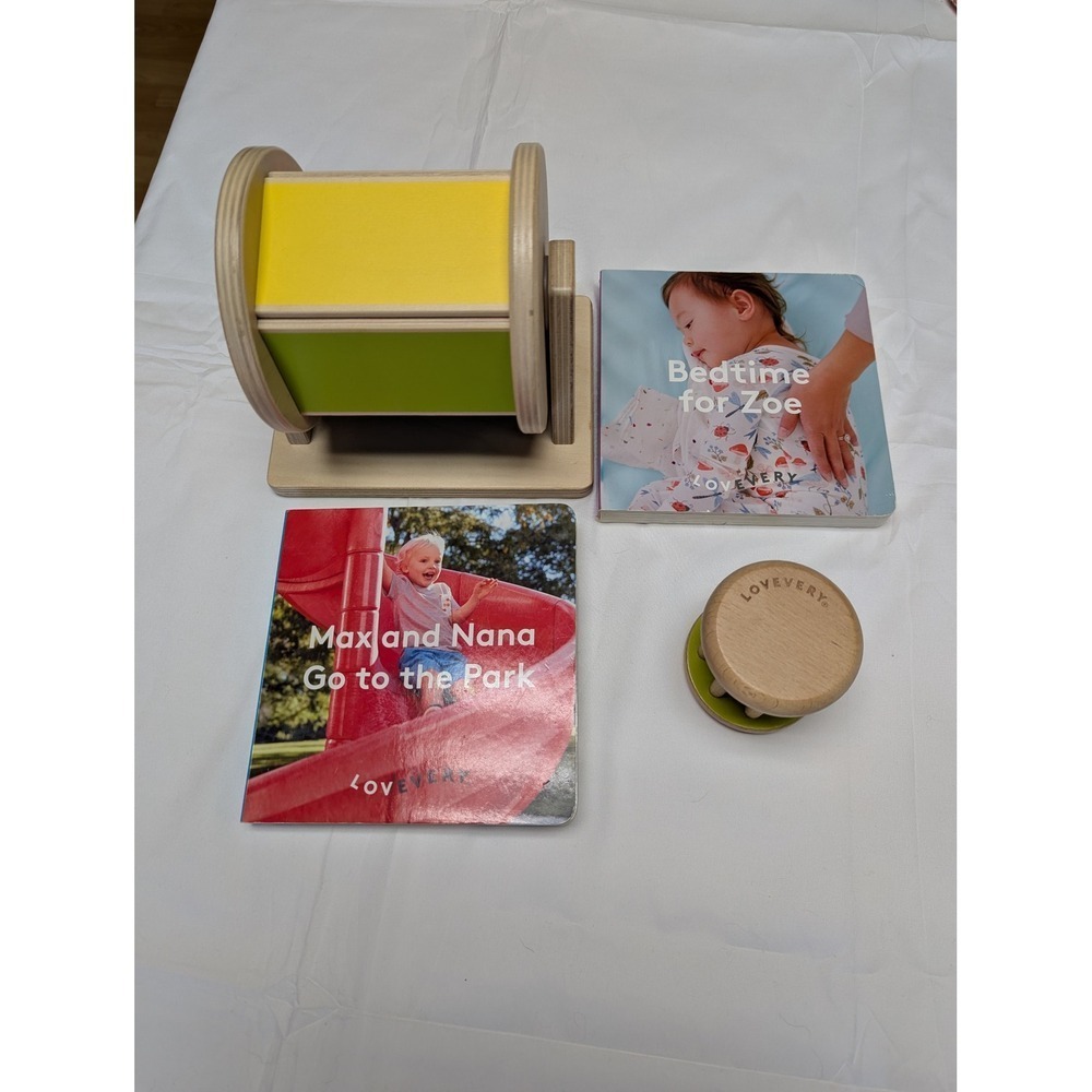 Lovevery Montessori Wooden Spinning Rainbow Drum & Rattle‎ Shaker, 2 Board Books